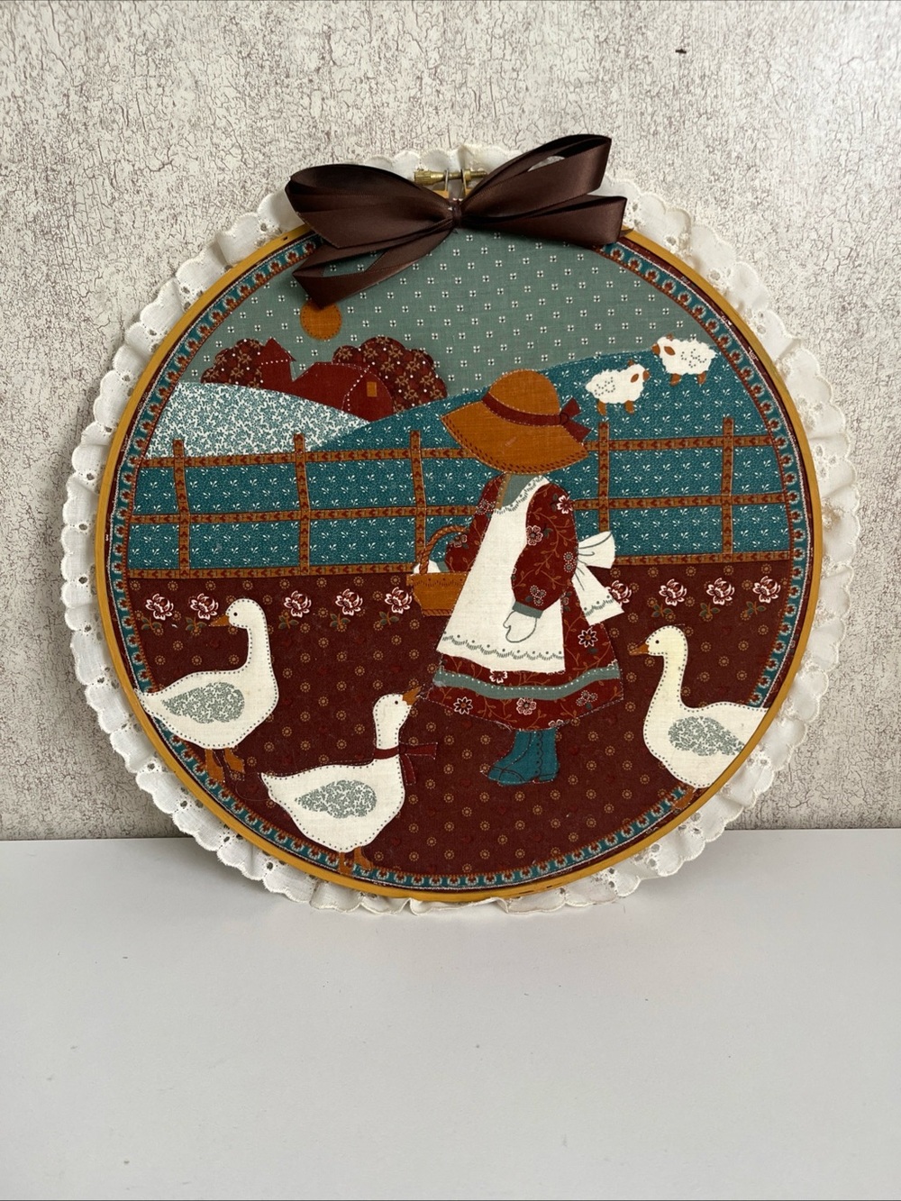 Vintage Hand Embroidered Sunbonnet Sue Wall Hanging Farm Sheep Geese 12.5” Fall